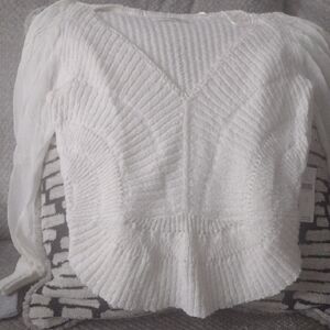 Anthropologie White V-Neck Textured Sweater